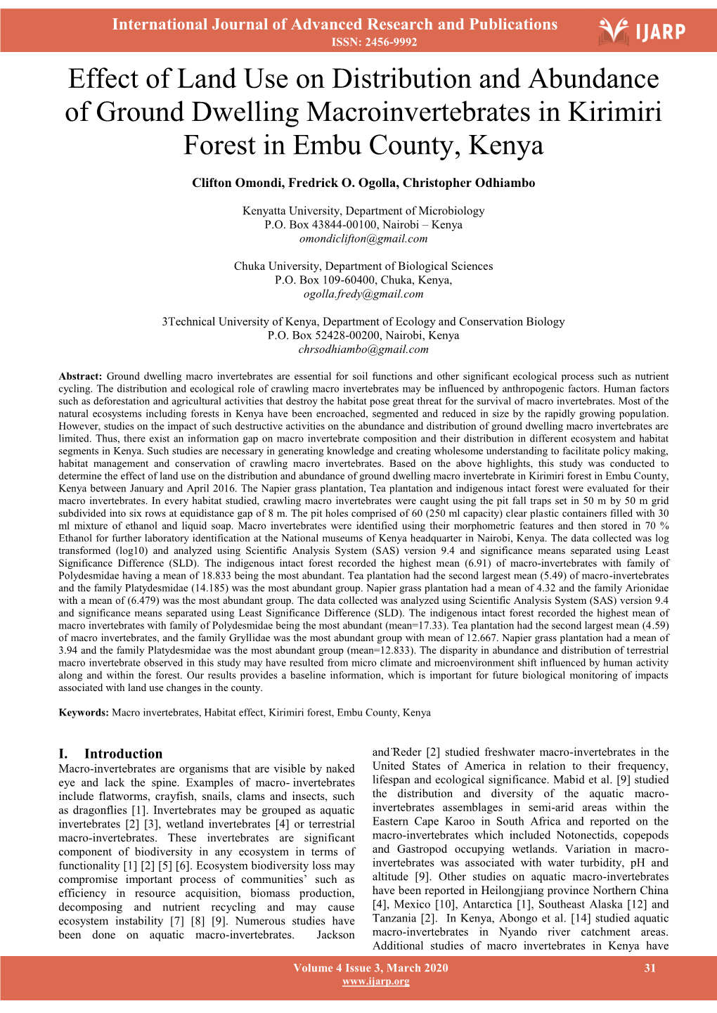 Effect of Land Use on Distribution and Abundance of Ground Dwelling Macroinvertebrates in Kirimiri Forest in Embu County, Kenya