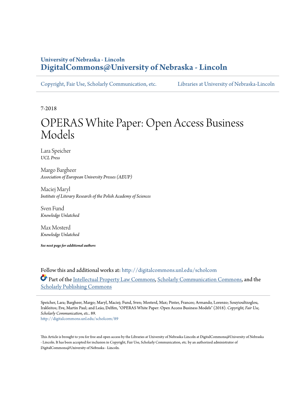 OPERAS White Paper: Open Access Business Models Lara Speicher UCL Press