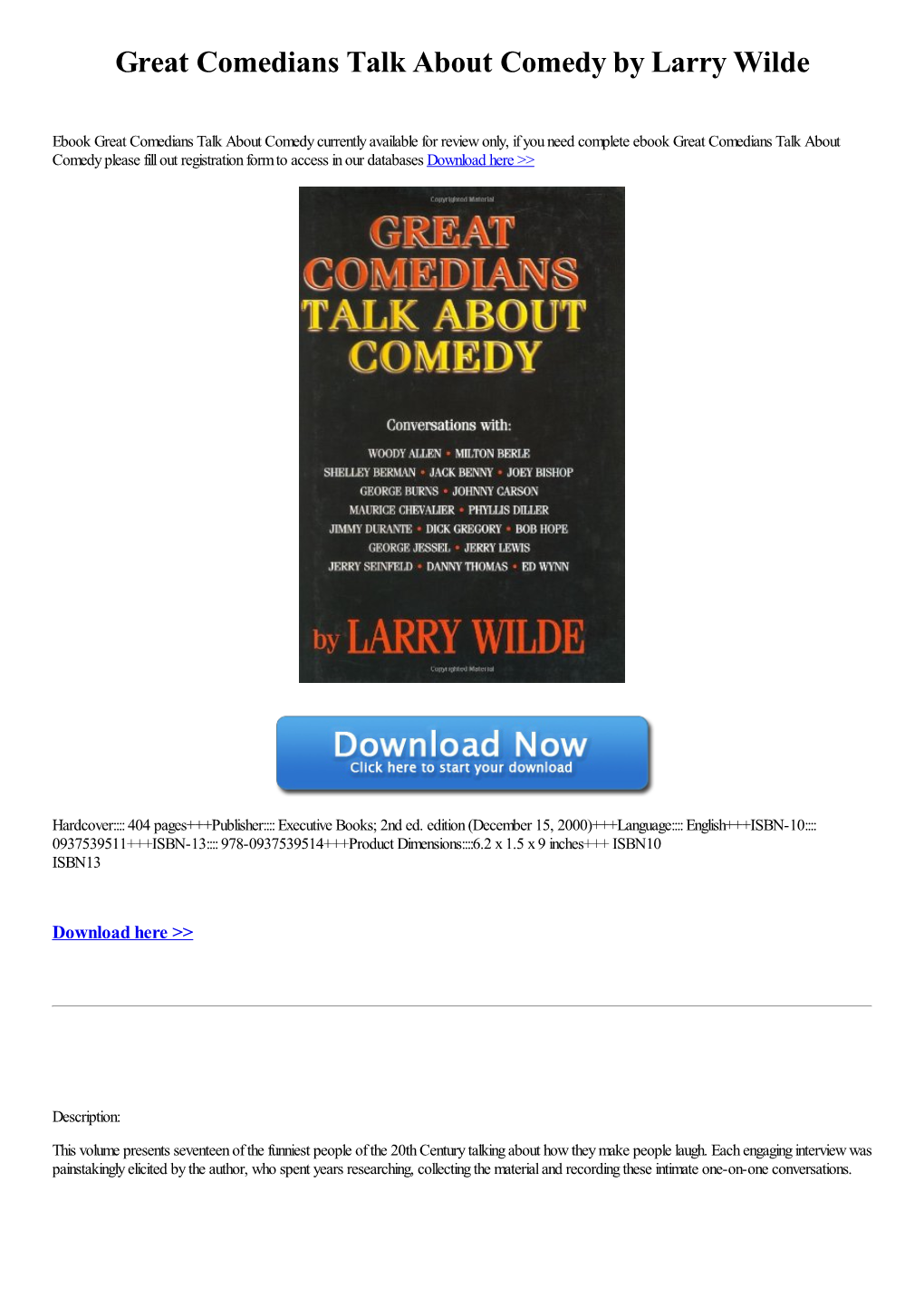 Great Comedians Talk About Comedy by Larry Wilde