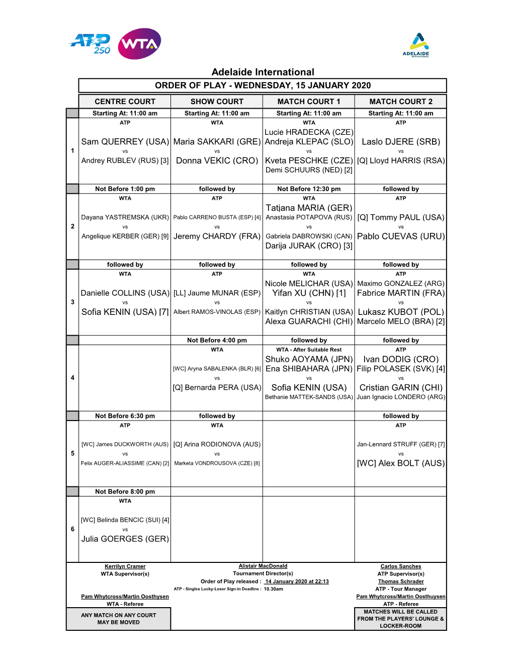 Adelaide International ORDER of PLAY - WEDNESDAY, 15 JANUARY 2020