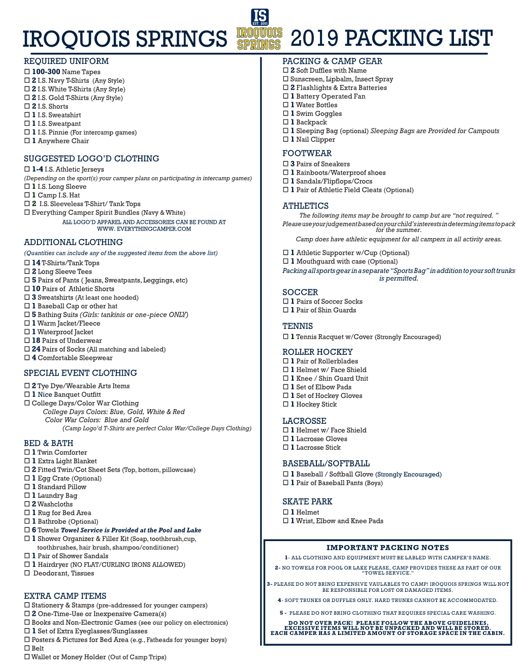 IROQUOIS SPRINGS 2019 PACKING LIST REQUIRED UNIFORM PACKING & CAMP GEAR O 100-300 Name Tapes O 2 Soft Duffles with Name O 2 I.S