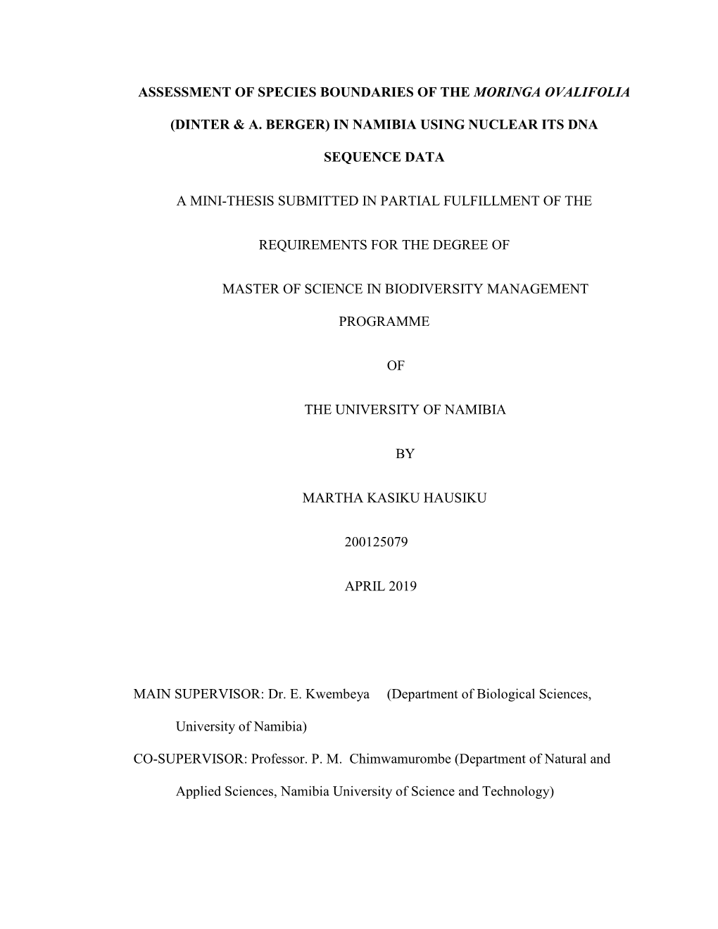 Assessment of Species Boundaries of the Moringa Ovalifolia