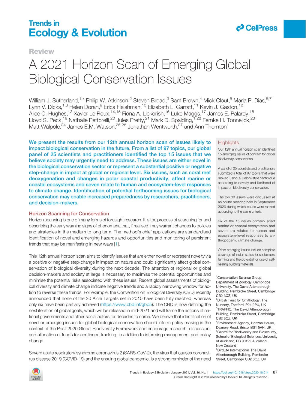 A 2021 Horizon Scan of Emerging Global Biological Conservation Issues