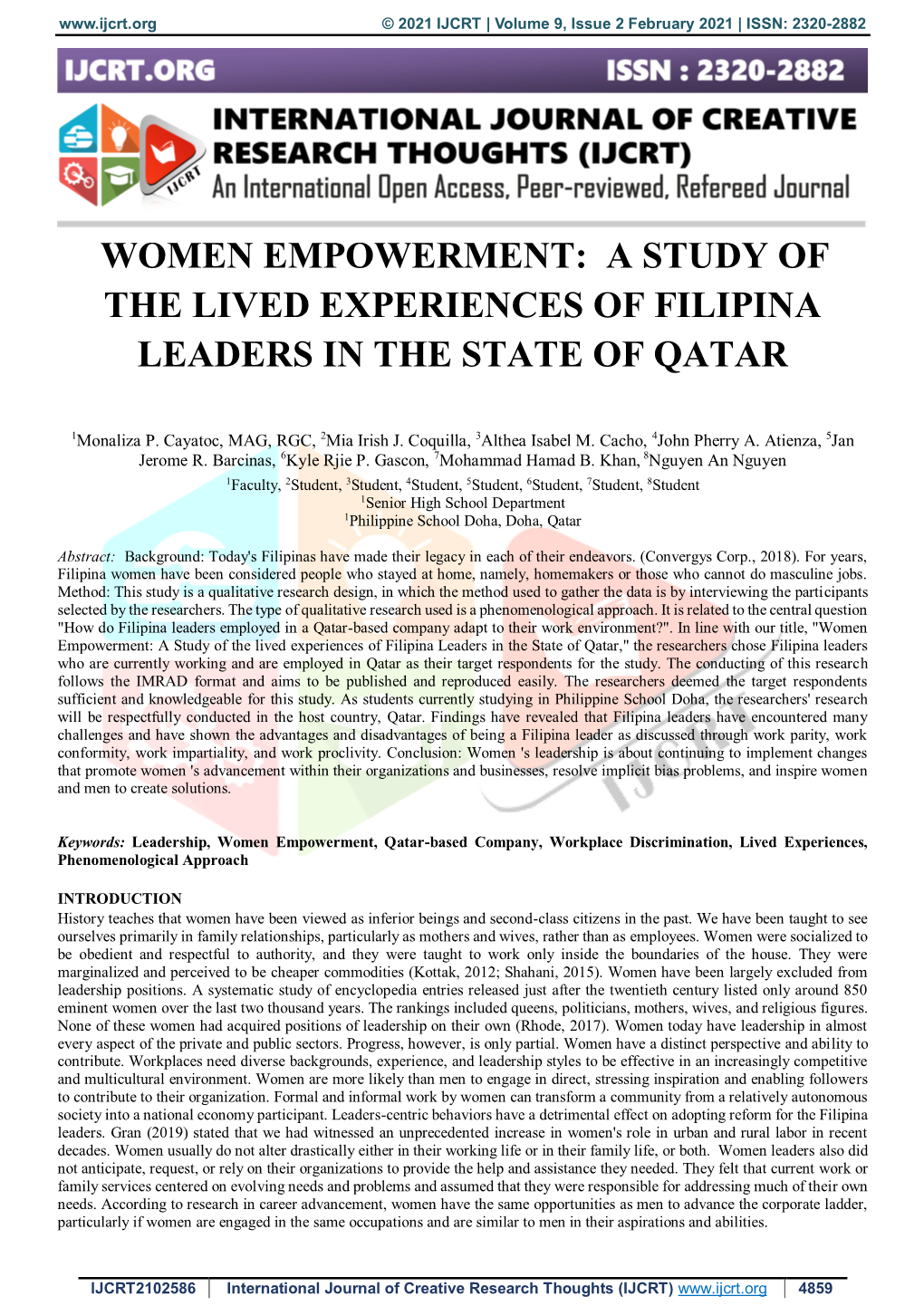 Women Empowerment: a Study of the Lived Experiences of Filipina Leaders in the State of Qatar