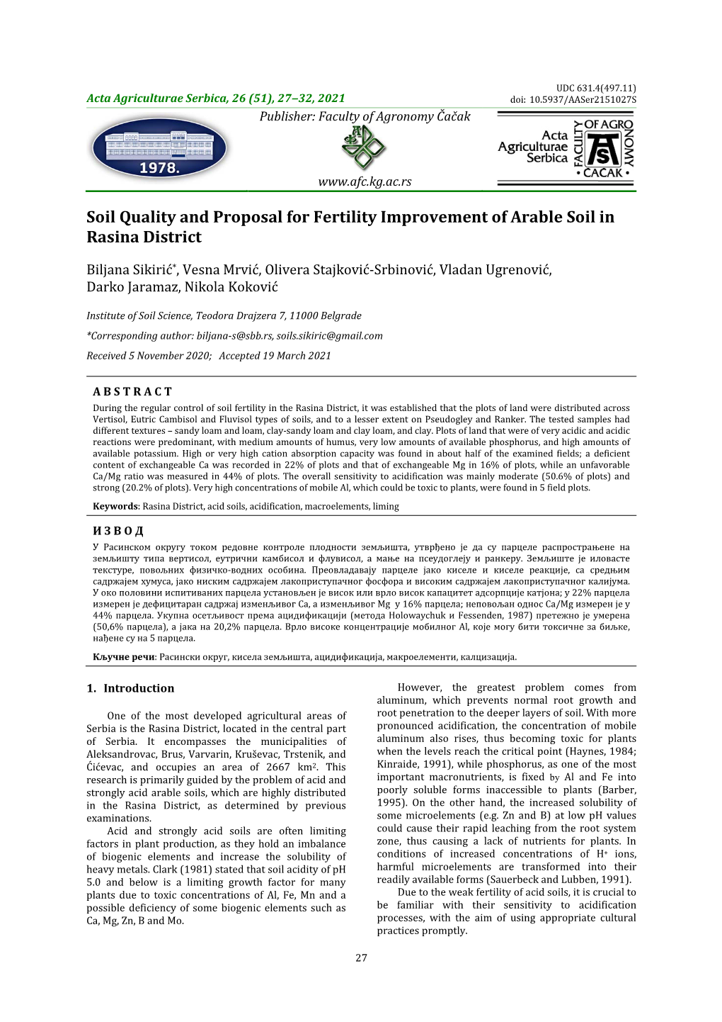 Soil Quality and Proposal for Fertility Improvement of Arable Soil in Rasina District