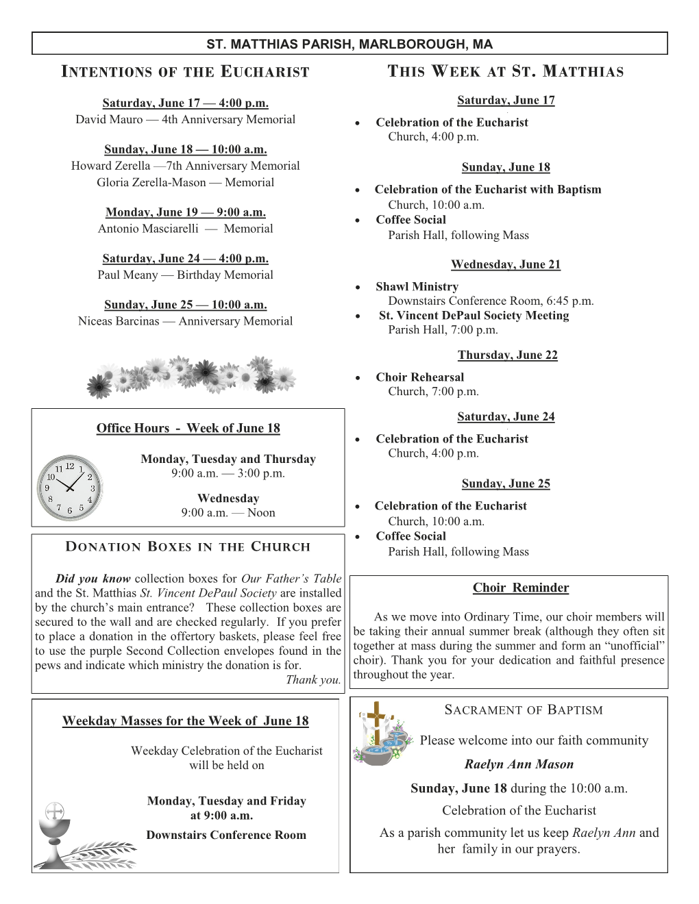 Intentions of the Eucharist This Week at St. Matthias