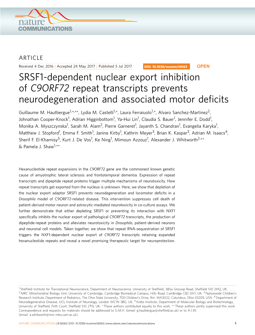 SRSF1-Dependent Nuclear Export Inhibition of C9ORF72 Repeat Transcripts Prevents Neurodegeneration and Associated Motor Deﬁcits
