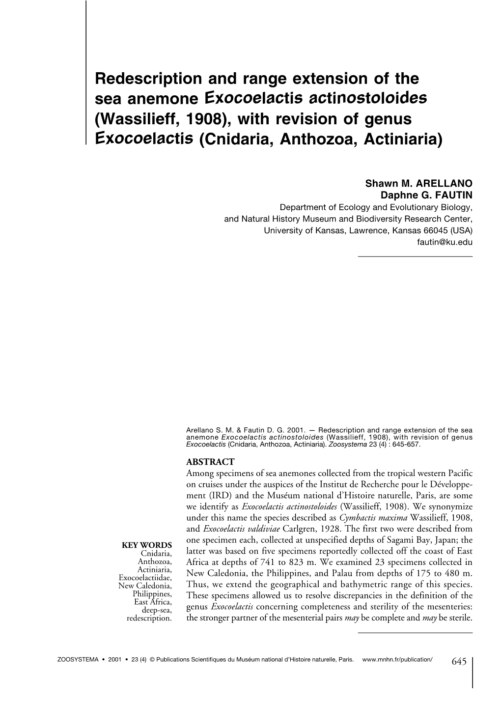 Wassilieff, 1908), with Revision of Genus Exocoelactis (Cnidaria, Anthozoa, Actiniaria)