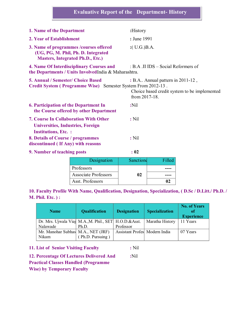 Evaluative Report of the Department- History