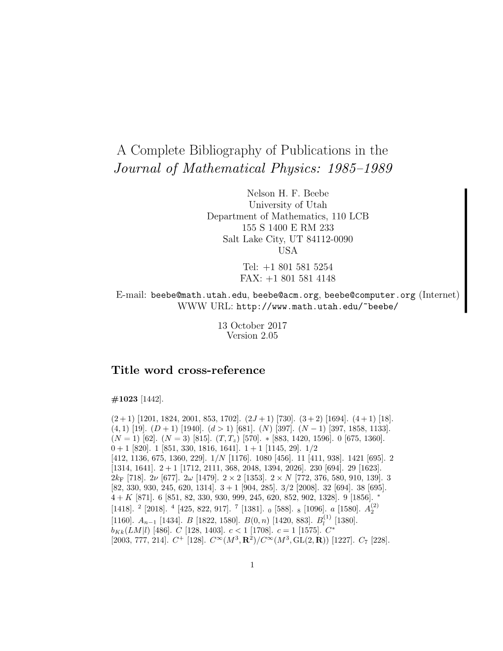A Complete Bibliography of Publications in the Journal of Mathematical Physics: 1985–1989