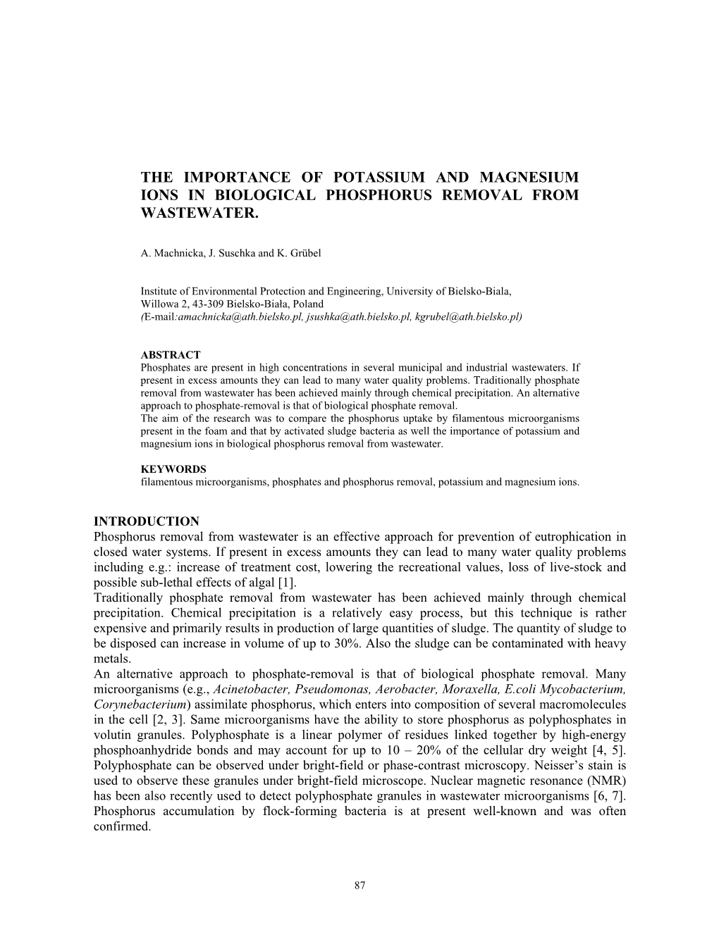 The Importance of Potassium and Magnesium Ions in Biological Phosphorus Removal from Wastewater