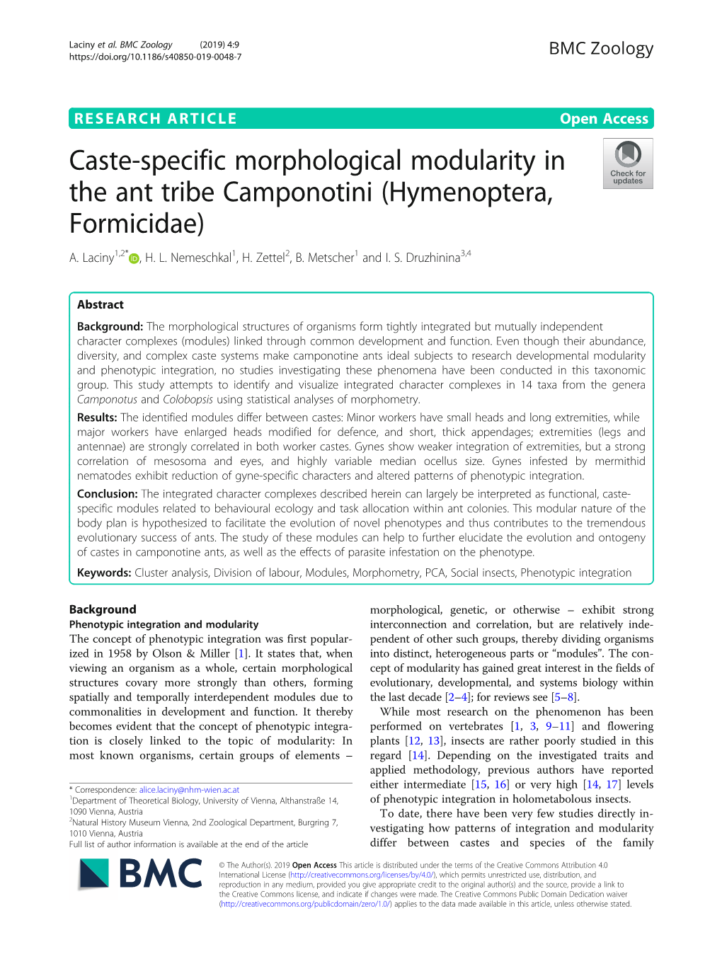 Caste-Specific Morphological Modularity in the Ant Tribe Camponotini (Hymenoptera, Formicidae) A