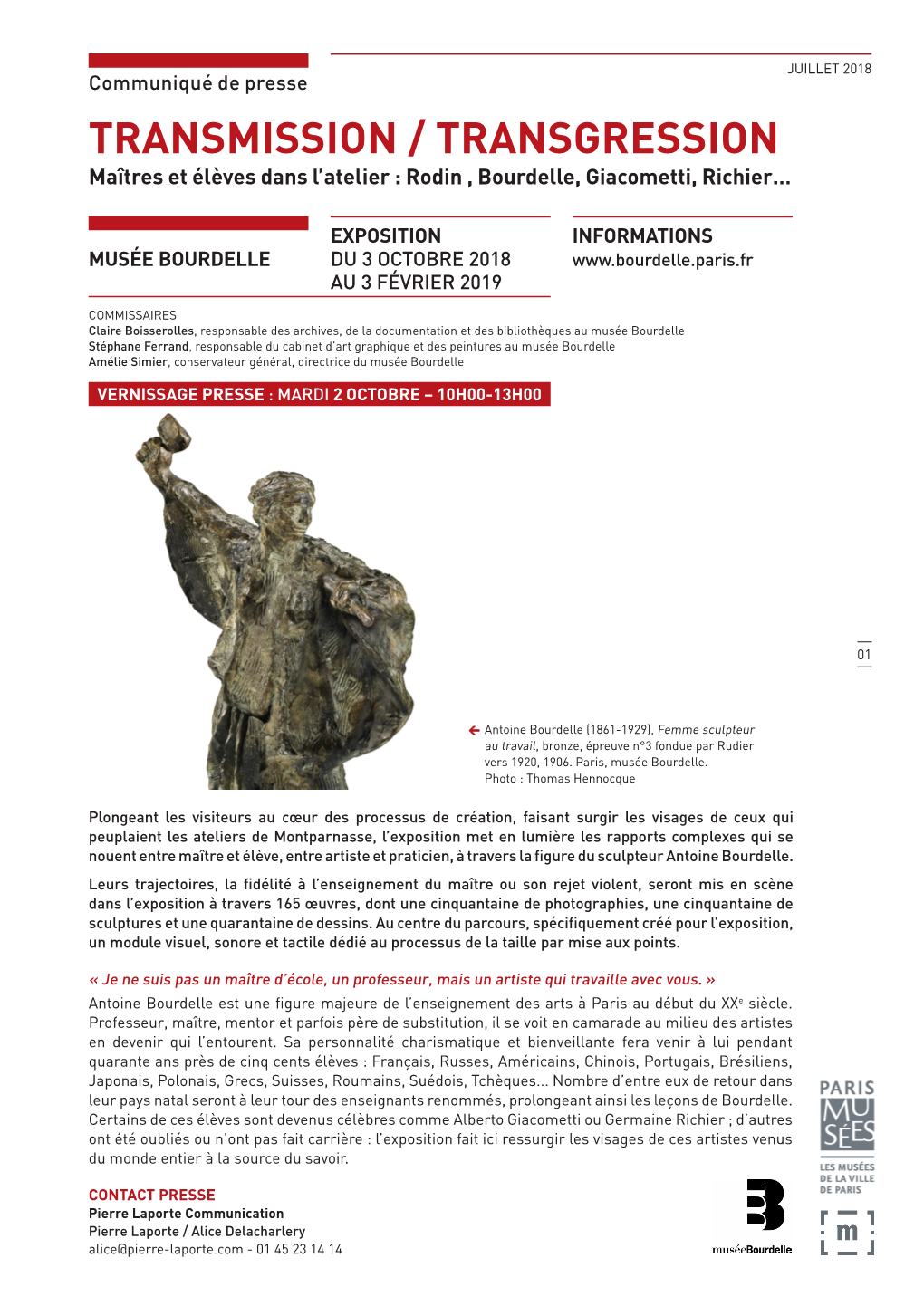 TRANSMISSION / TRANSGRESSION Maîtres Et Élèves Dans L’Atelier : Rodin , Bourdelle, Giacometti, Richier…