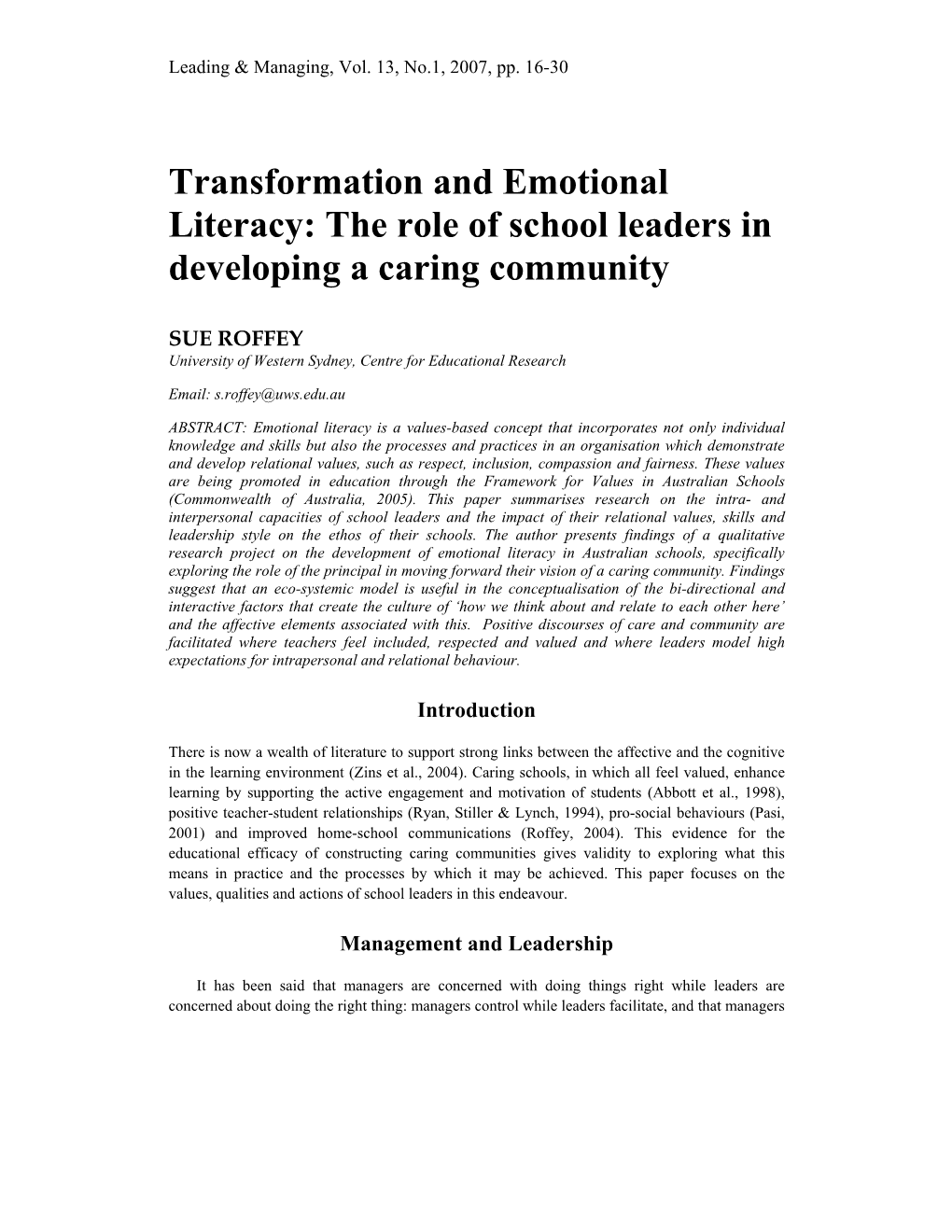Transformation and Emotional Literacy: the Role of School Leaders in Developing a Caring Community