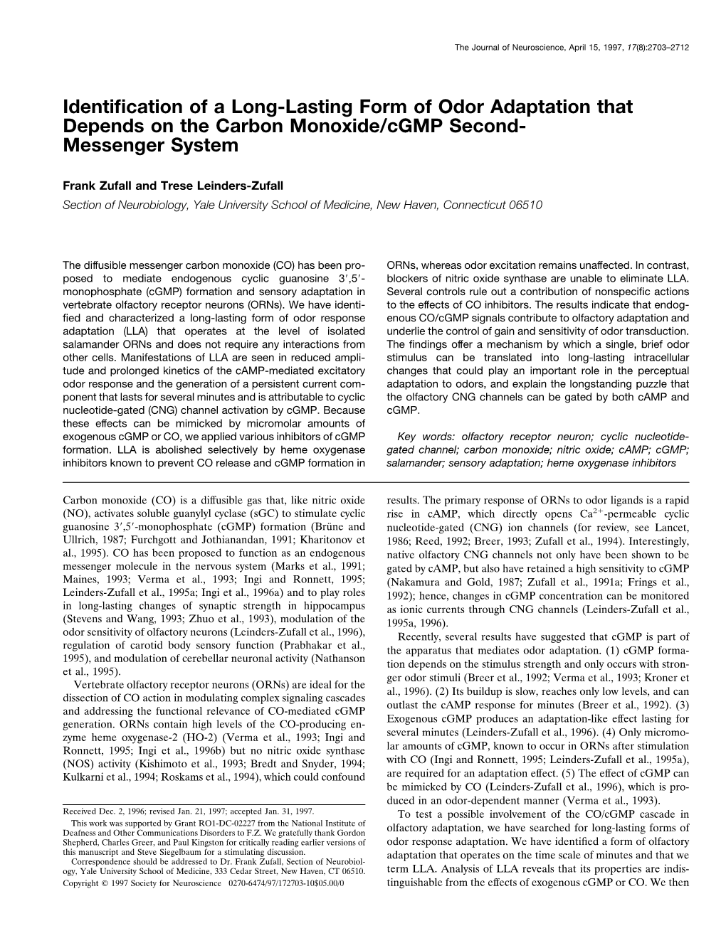 Identification of a Long-Lasting Form of Odor Adaptation That Depends on the Carbon Monoxide/Cgmp Second