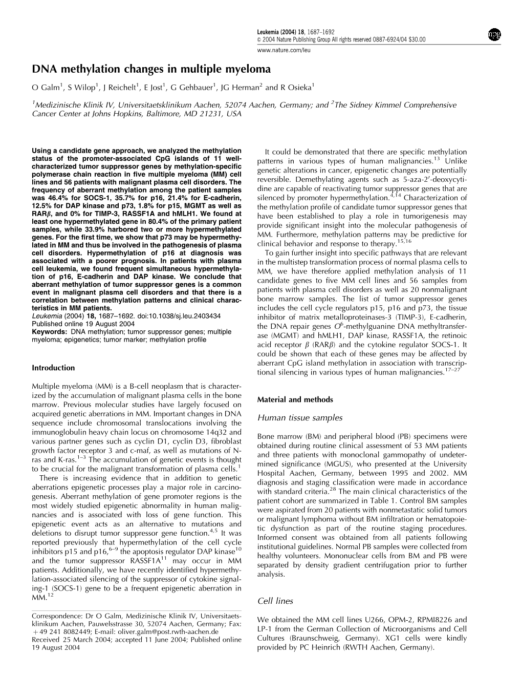 DNA Methylation Changes in Multiple Myeloma