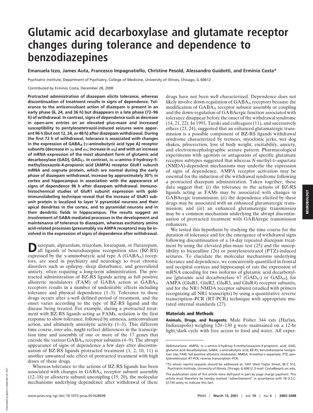 Glutamic Acid Decarboxylase and Glutamate Receptor Changes During Tolerance and Dependence to Benzodiazepines