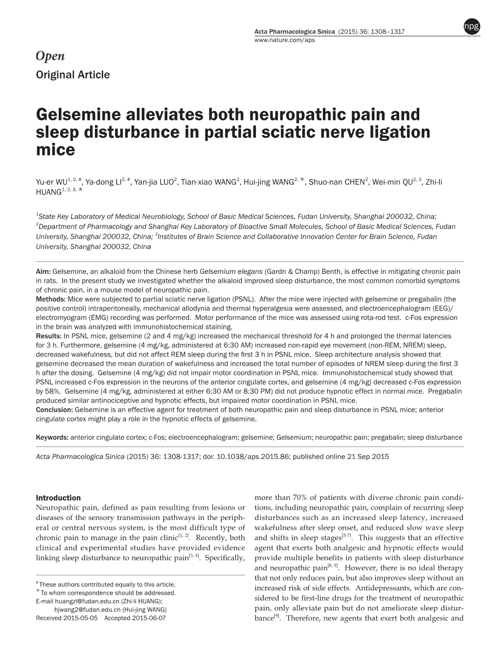 Gelsemine Alleviates Both Neuropathic Pain and Sleep Disturbance in Partial Sciatic Nerve Ligation Mice