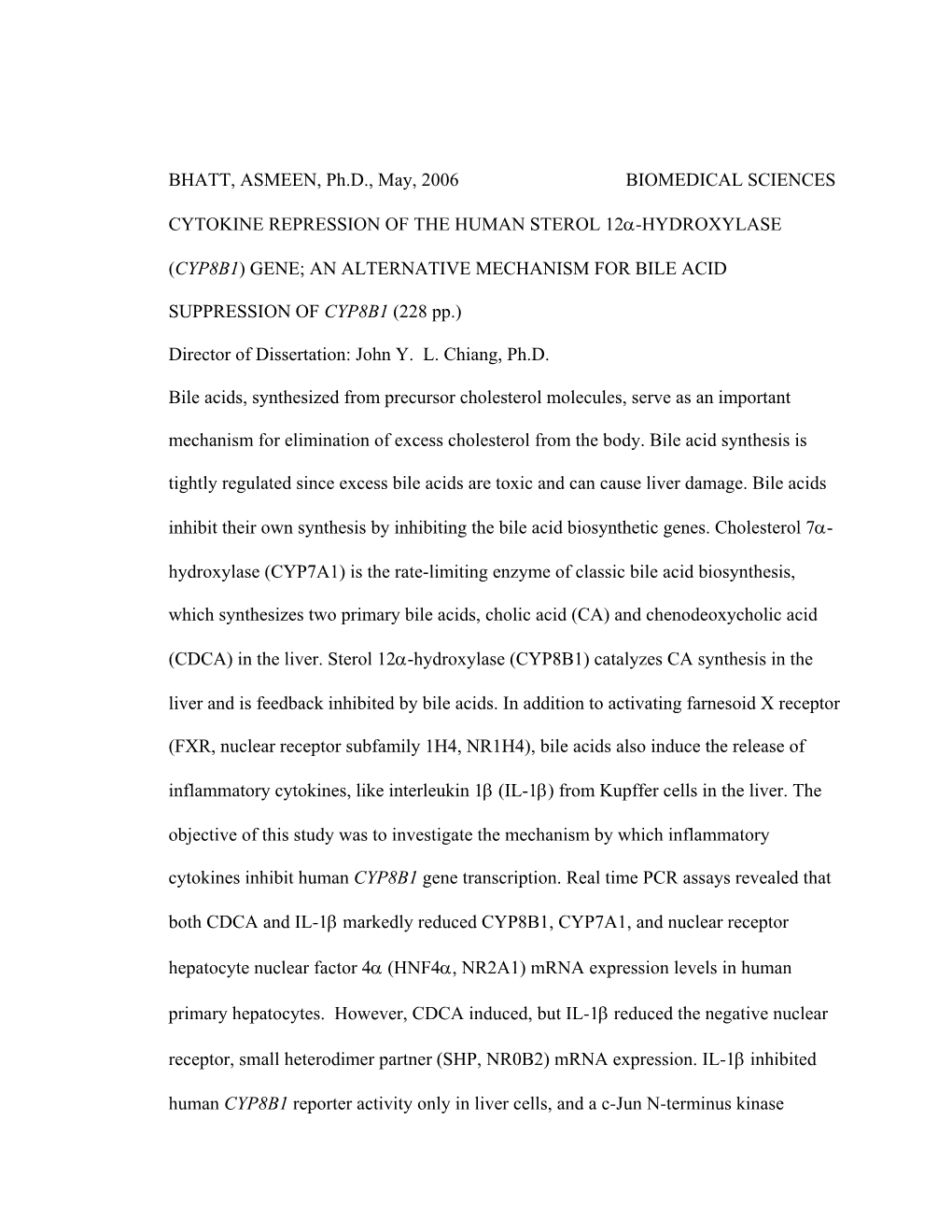 (Cyp8b1) Gene; an Alternative Mechanism for Bile Acid