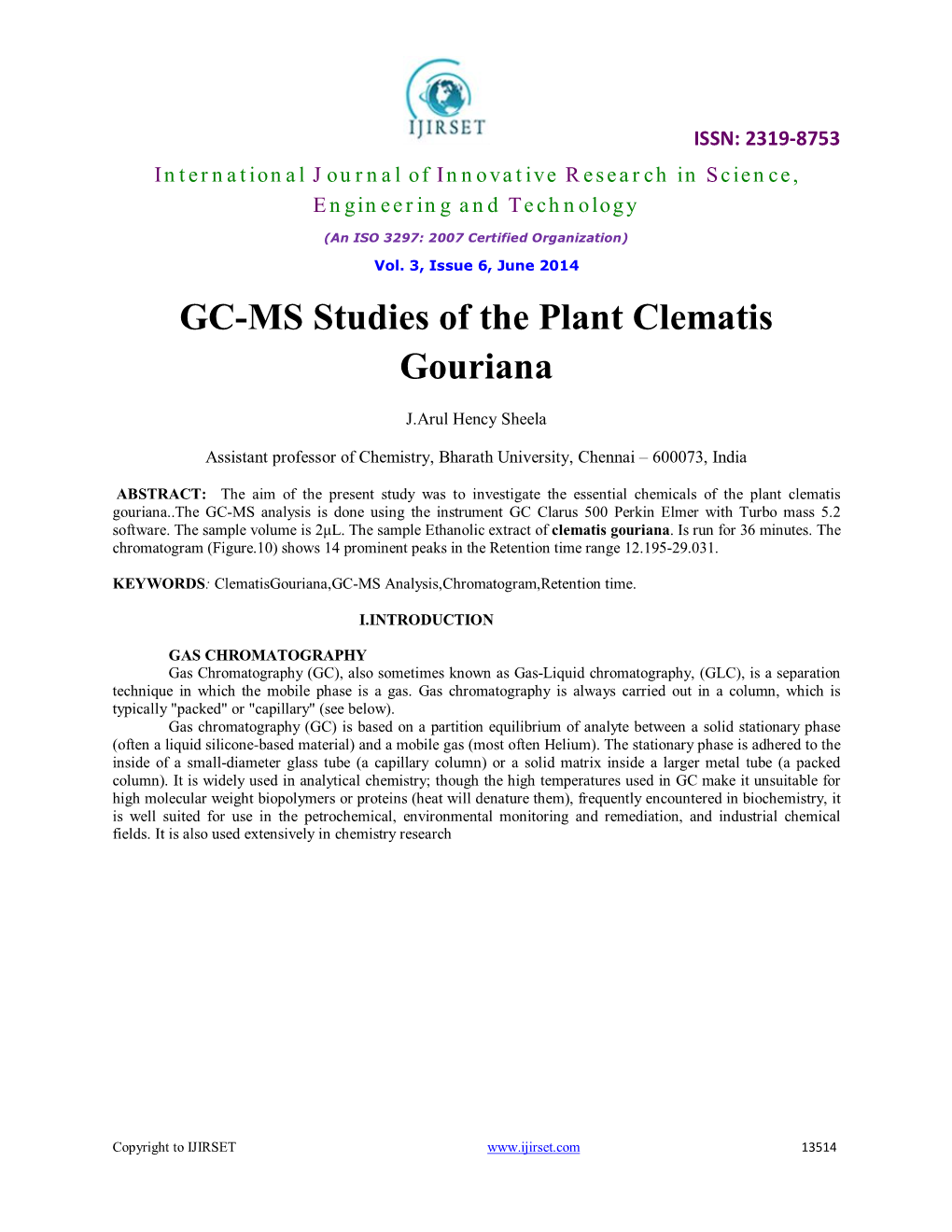 GC-MS Studies of the Plant Clematis Gouriana