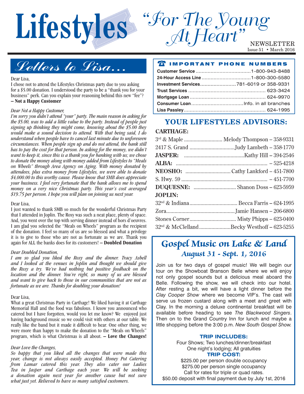 Lifestyles “For the Young at Heart” NEWSLETTER Issue 51 • March 2016