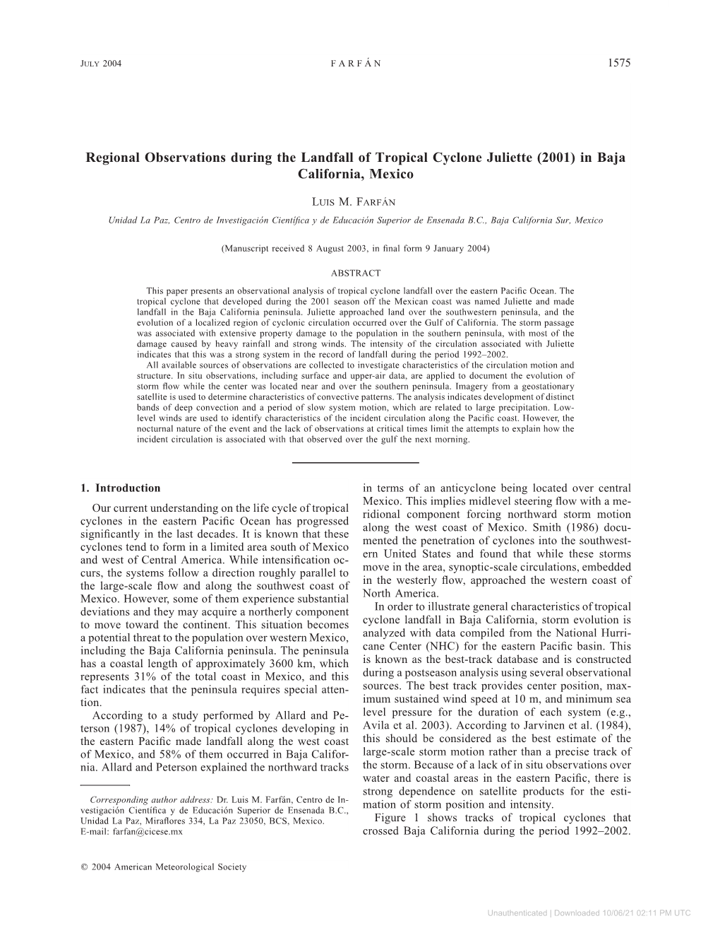 Regional Observations During the Landfall of Tropical Cyclone Juliette (2001) in Baja California, Mexico