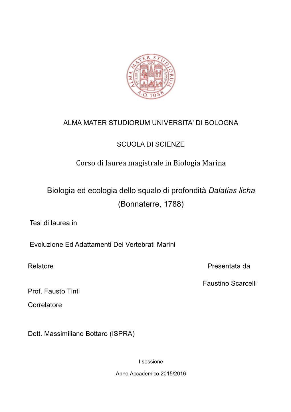 Corso Di Laurea Magistrale in Biologia Marina Biologia Ed Ecologia Dello