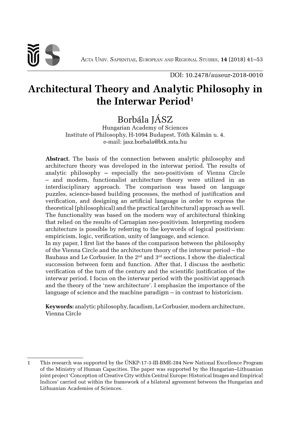 Architectural Theory and Analytic Philosophy in the Interwar Period1
