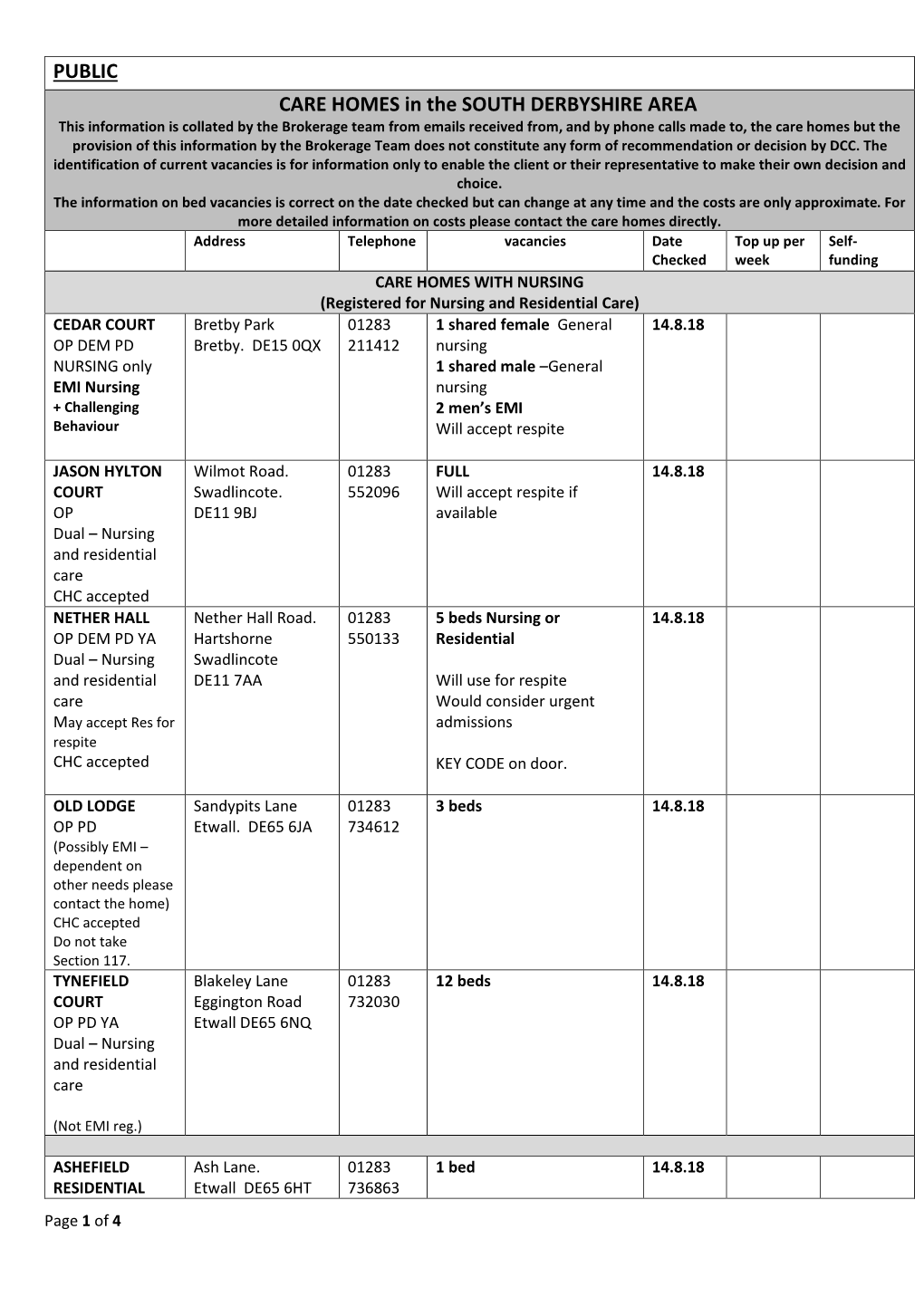 PUBLIC CARE HOMES in the SOUTH DERBYSHIRE AREA