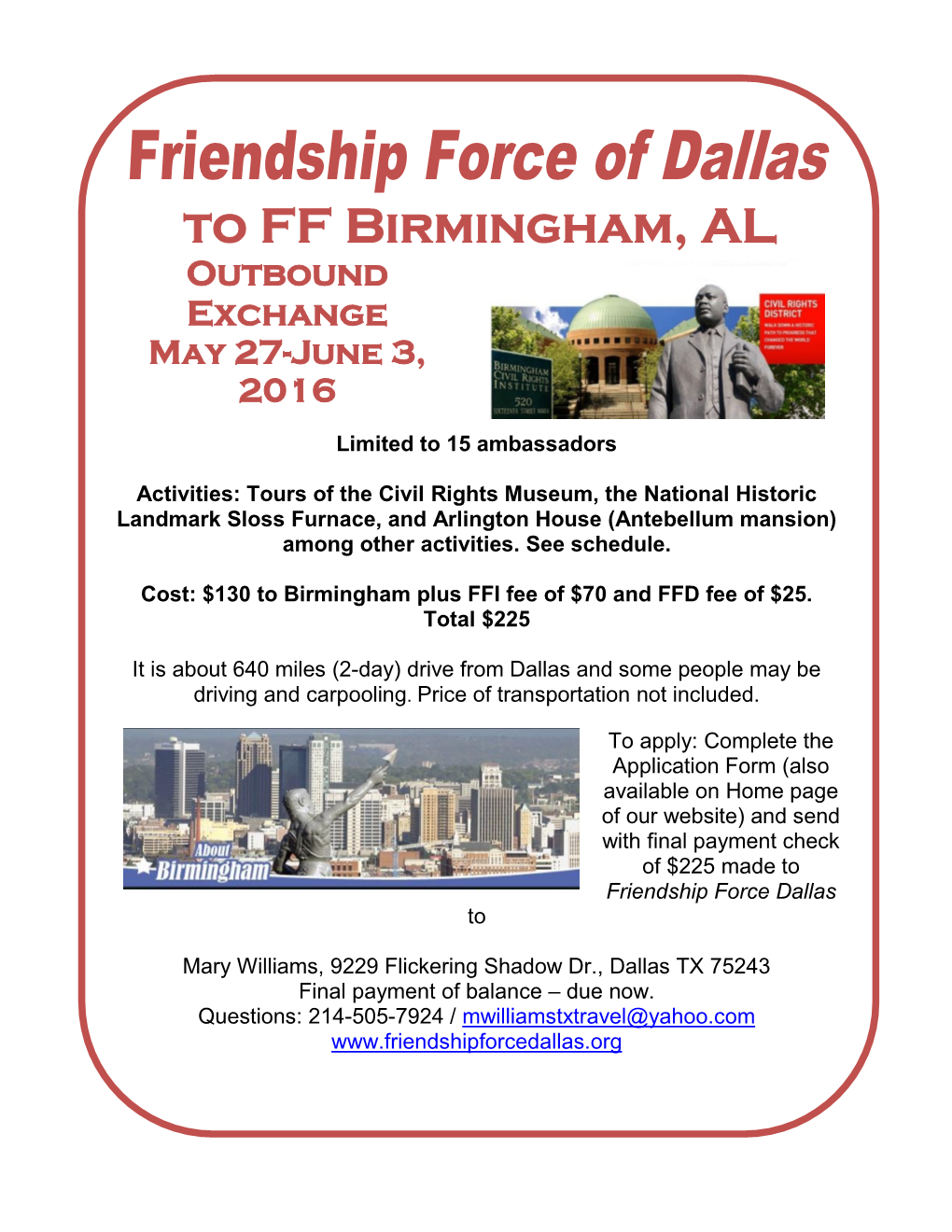 To FF Birmingham, AL Outbound Exchange May 27-June 3, 2016