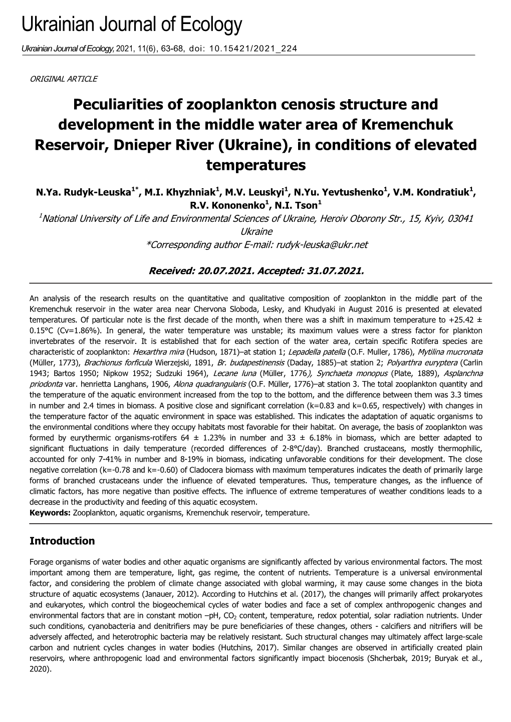 Peculiarities of Zooplankton Cenosis