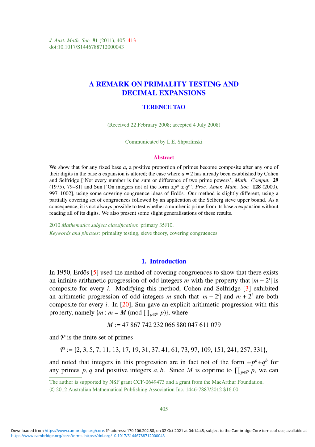 A Remark on Primality Testing and Decimal Expansions