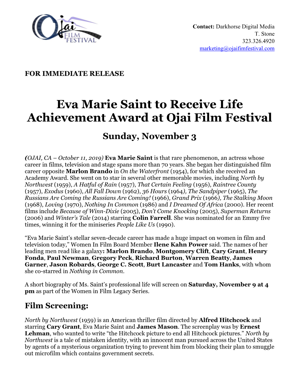 Eva Marie Saint to Receive Life Achievement Award at Ojai Film Festival Sunday, November 3