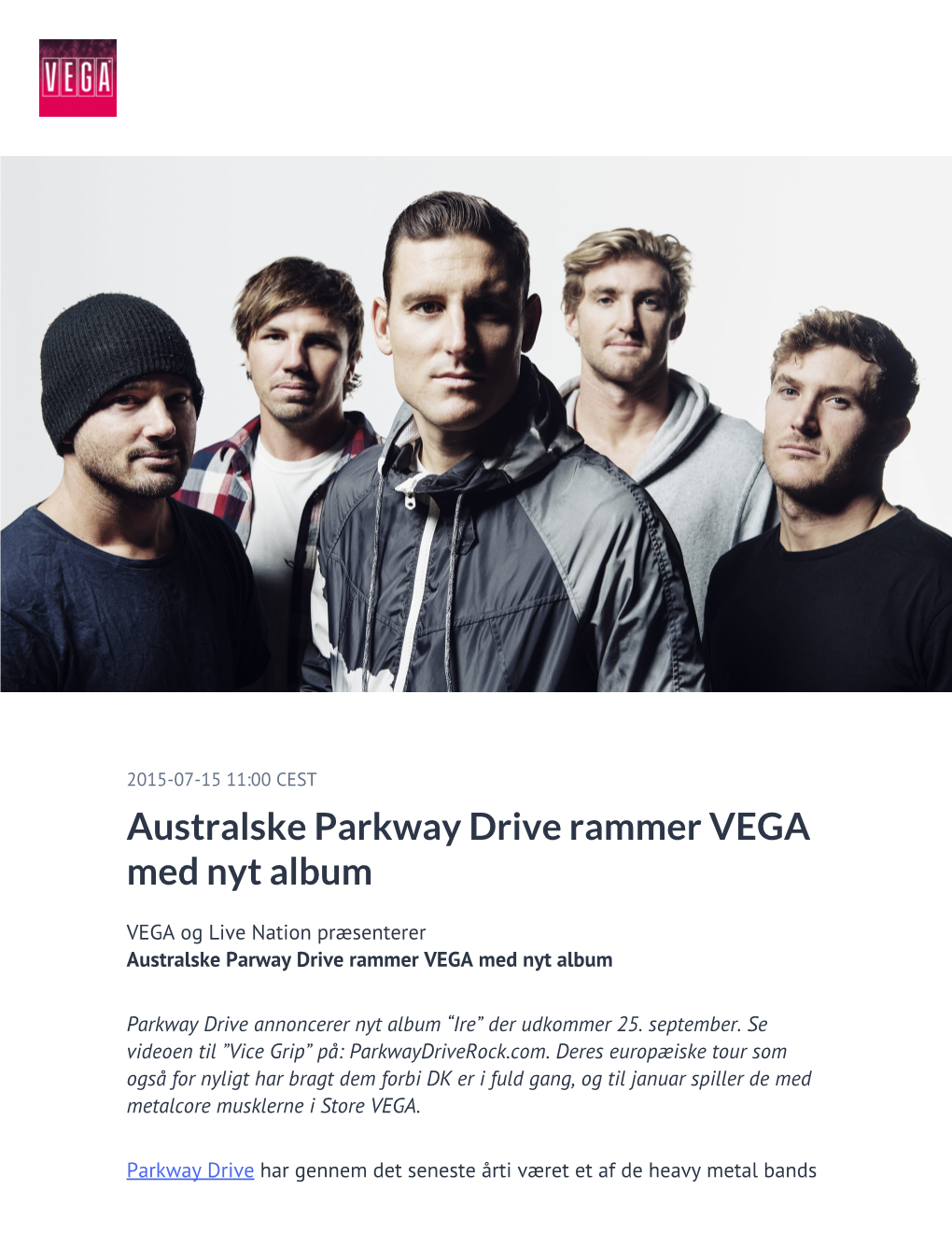 Australske Parkway Drive Rammer VEGA Med Nyt Album