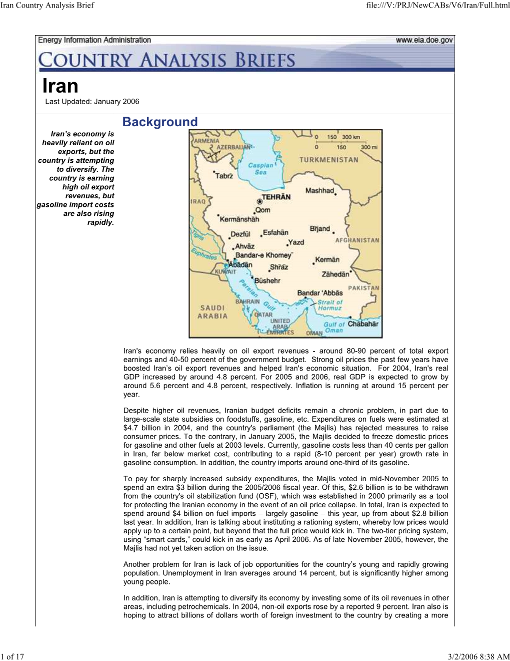Iran Country Analysis Brief File:///V:/PRJ/Newcabs/V6/Iran/Full.Html