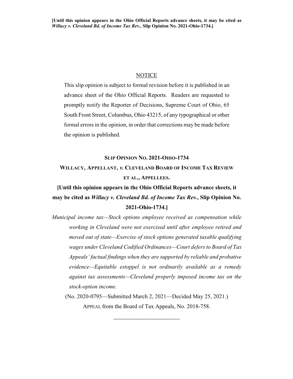 Willacy V. Cleveland Bd. of Income Tax Rev., Slip Opinion No