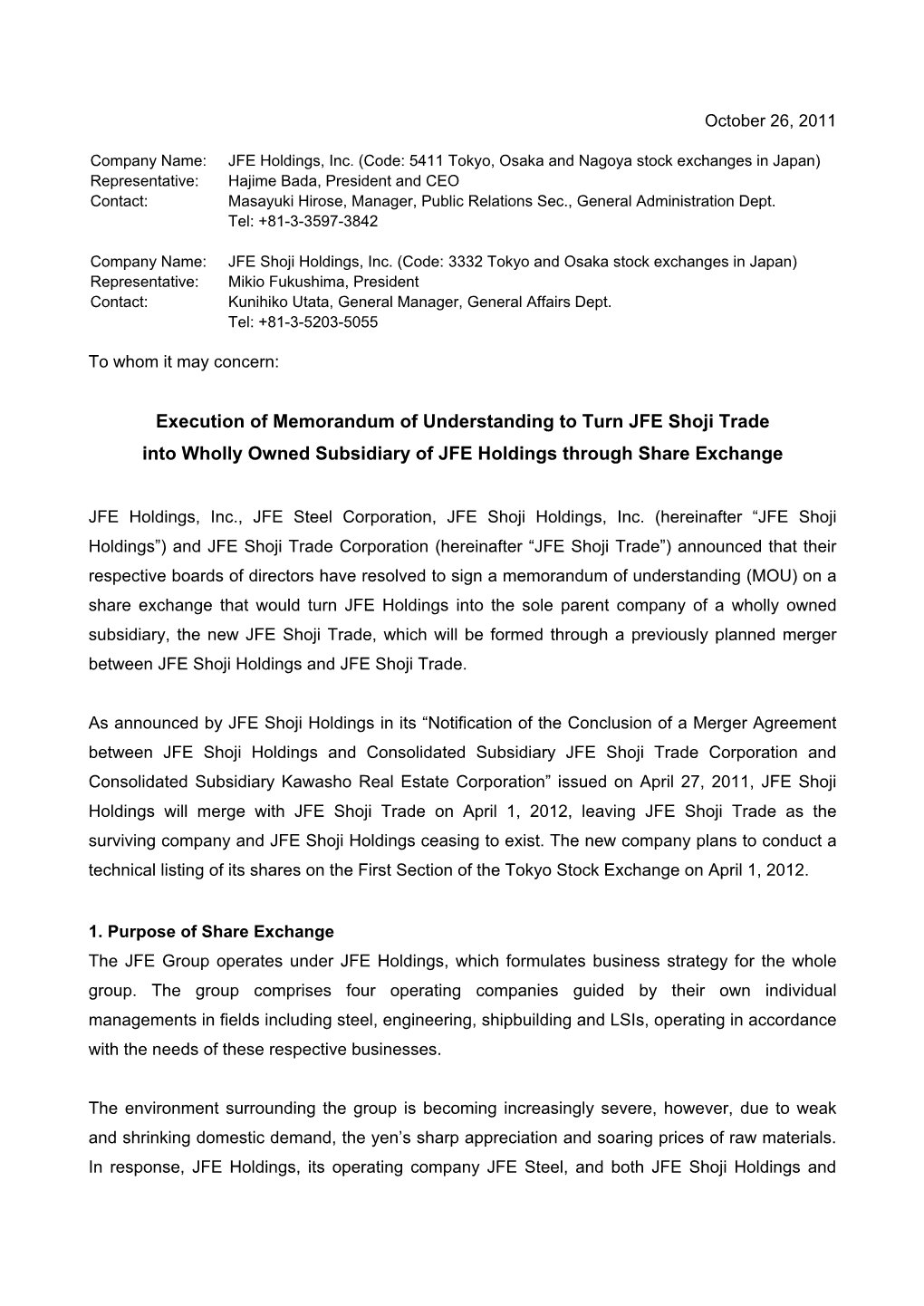 Execution of Memorandum of Understanding to Turn JFE Shoji Trade Into Wholly Owned Subsidiary of JFE Holdings Through Share Exchange