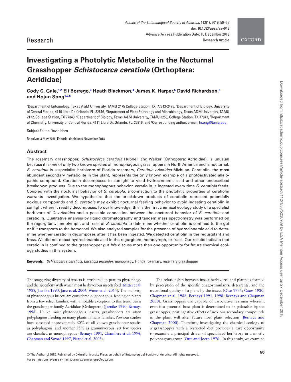 Investigating a Photolytic Metabolite in the Nocturnal Grasshopper Schistocerca Ceratiola (Orthoptera