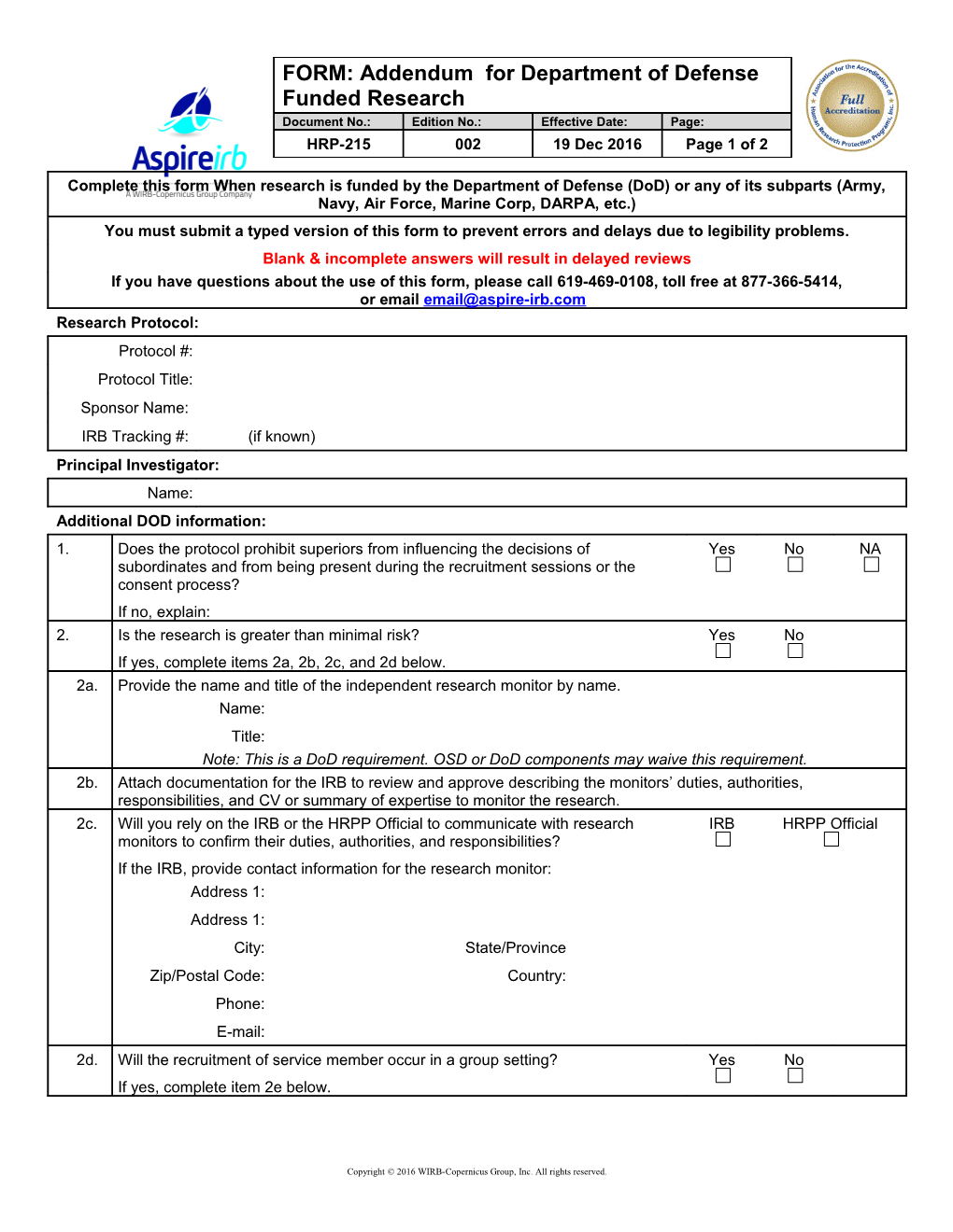 FORM: Addendum for Department of Defense Funded Research