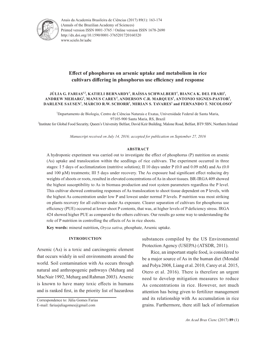 Effect of Phosphorus on Arsenic Uptake and Metabolism in Rice Cultivars Differing in Phosphorus Use Efficiency and Response