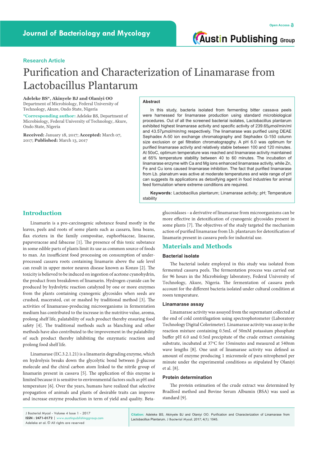 Purification and Characterization of Linamarase from Lactobacillus Plantarum