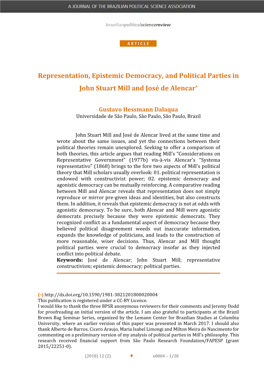 Representation, Epistemic Democracy, and Political Parties in John Stuart Mill and José De Alencar*