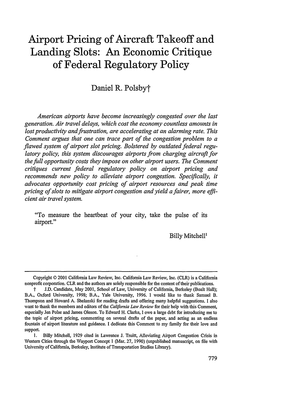 Airport Pricing of Aircraft Takeoff and Landing Slots: an Economic Critique of Federal Regulatory Policy