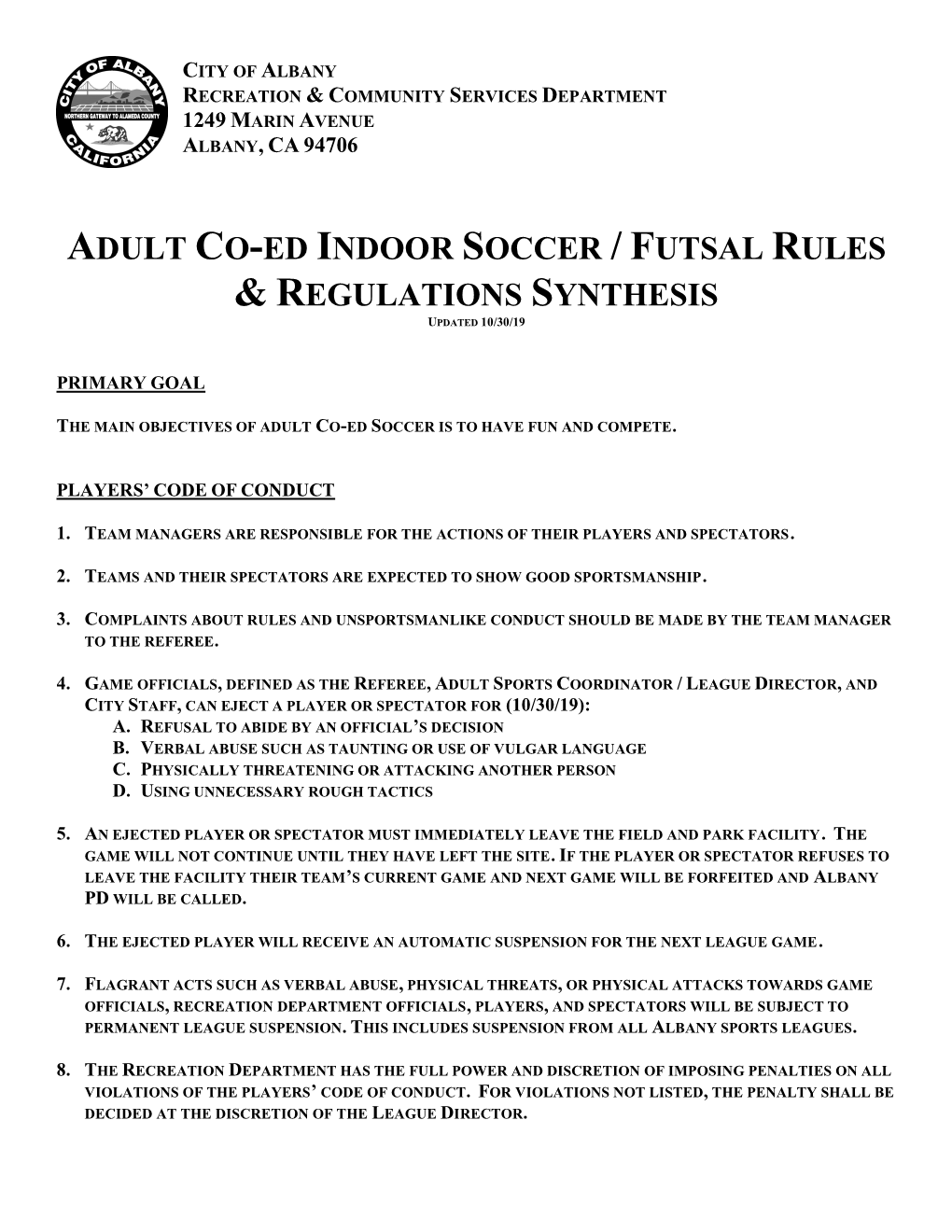 Adult Co-Ed Indoor Soccer / Futsal Rules & Regulations