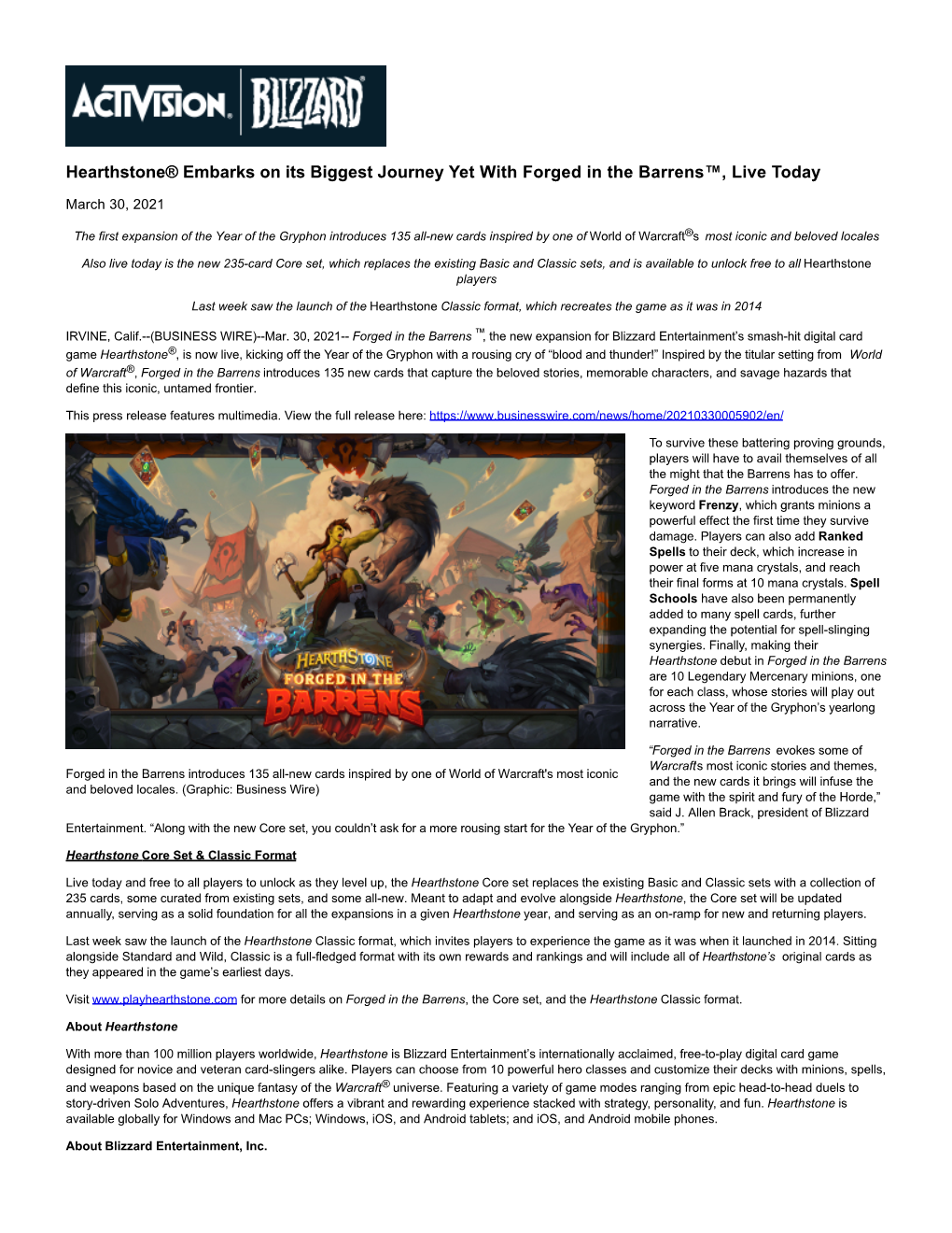 Hearthstone® Embarks on Its Biggest Journey Yet with Forged in the Barrens™, Live Today