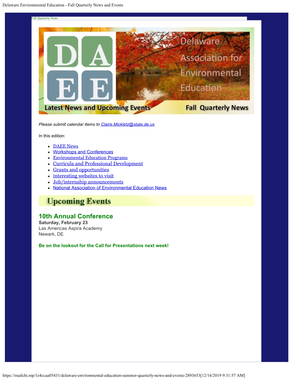Delaware Environmental Education - Fall Quarterly News and Events