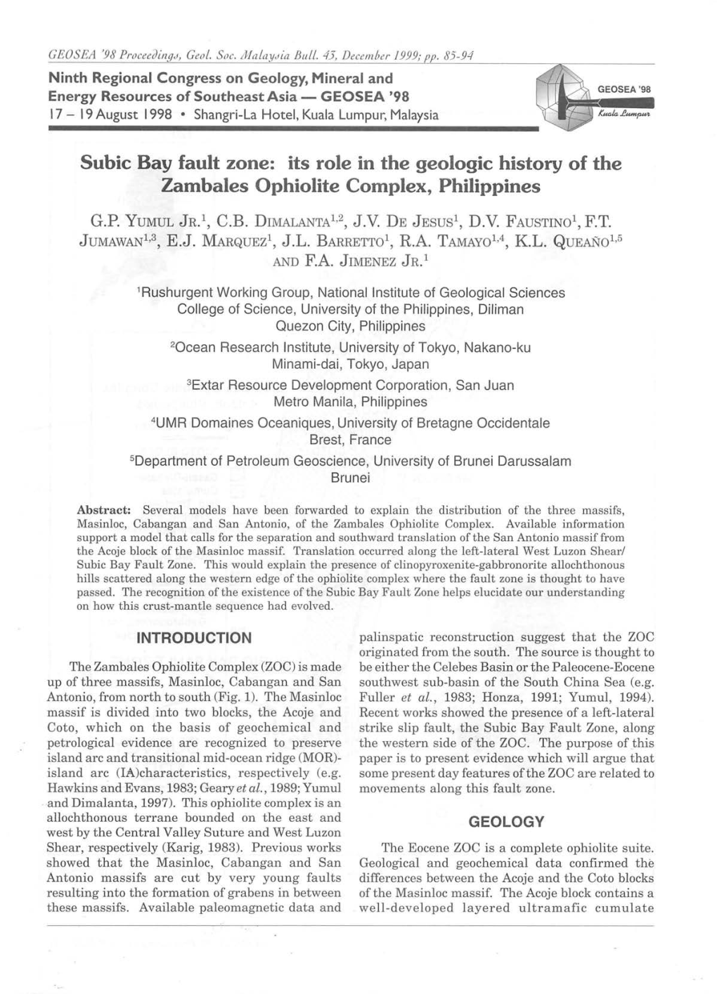 Subic Bay Fault Zone: Its Role in the Geologic History of the Zambales Ophiolite Complex, Philippines