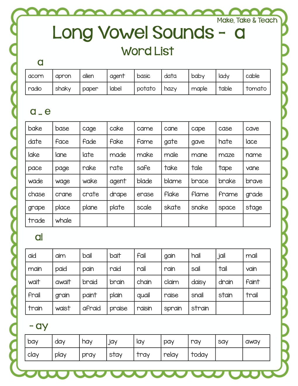 Long Vowel Sounds Word Lists