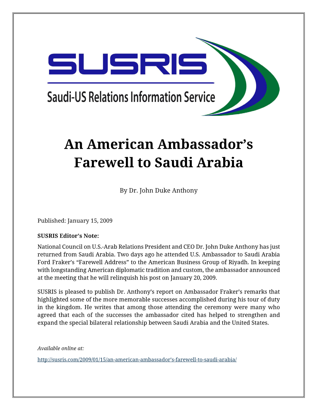 An American Ambassador's Farewell to Saudi Arabia