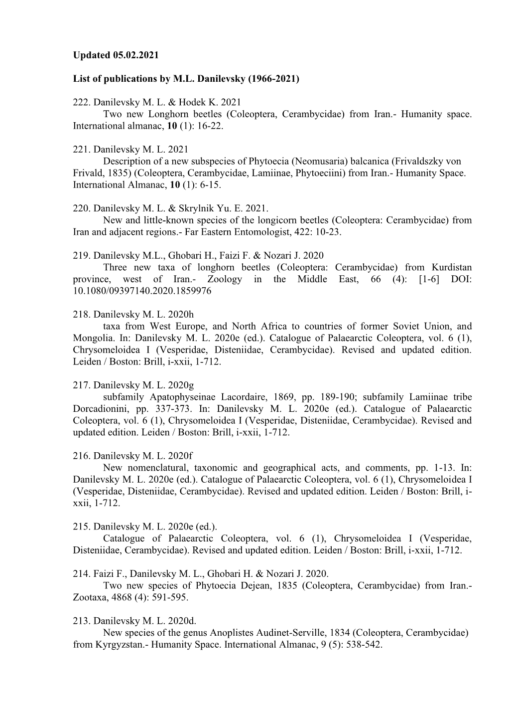 List of Publications by M.L. Danilevsky (1966-2021)